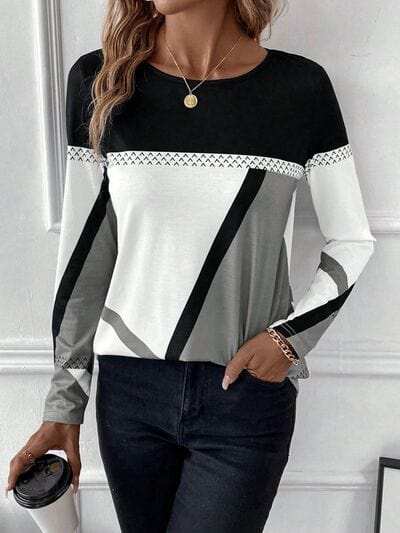 Contrast Round Neck Long Sleeve T-Shirt - Trendsi - Flyclothing LLC