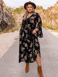 Plus Size Floral Flare Sleeve Dress - Trendsi - Flyclothing LLC