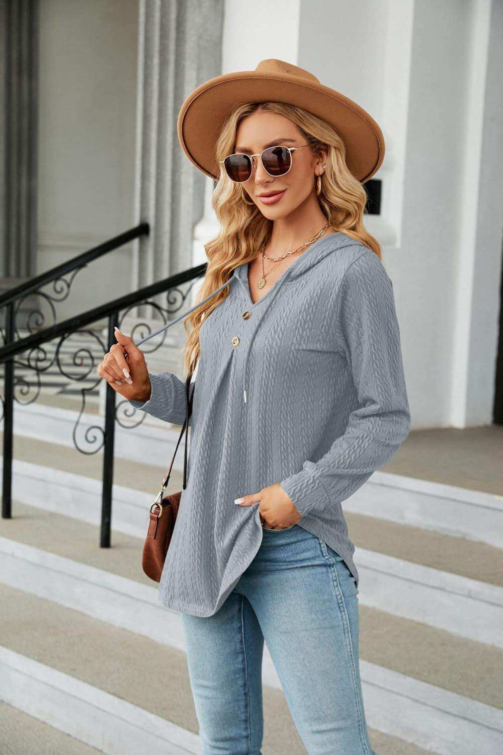 Long Sleeve Hooded Blouse - Trendsi - Flyclothing LLC