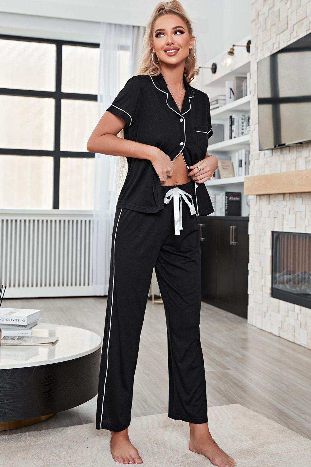 Contrast Piping Short Sleeve Top and Pants Pajama Set - Trendsi - Flyclothing LLC