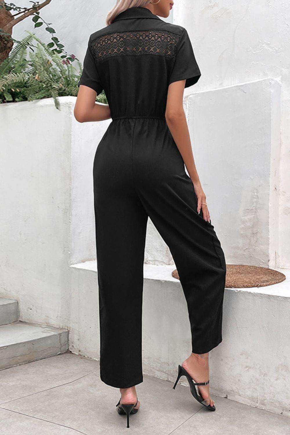 Collared Neck Short Sleeve Jumpsuit - Trendsi - Flyclothing LLC