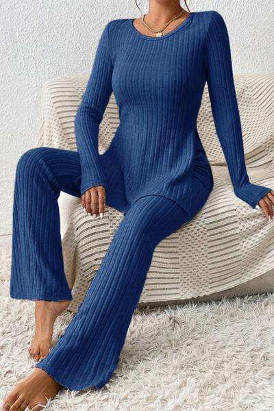 Ribbed Long Sleeve Slit Top and Bootcut Pants Set - Trendsi - Flyclothing LLC