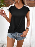 Spliced Lace V-Neck Twisted Hem Tee - Trendsi - Flyclothing LLC