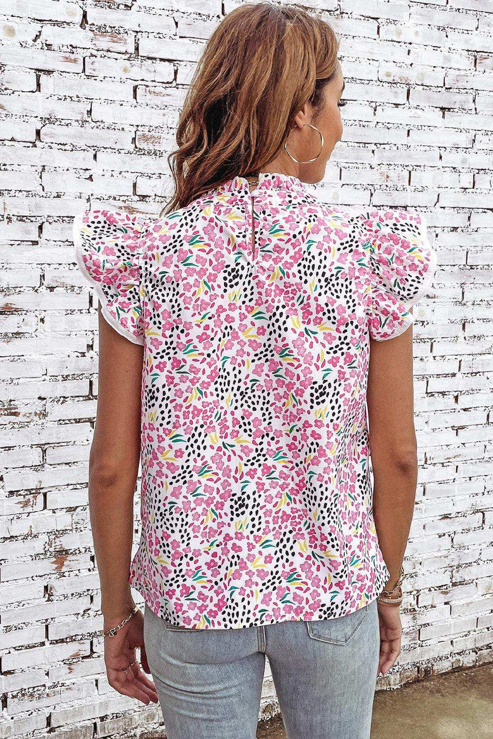 Floral Mock Neck Short Sleeve Blouse - Trendsi - Flyclothing LLC