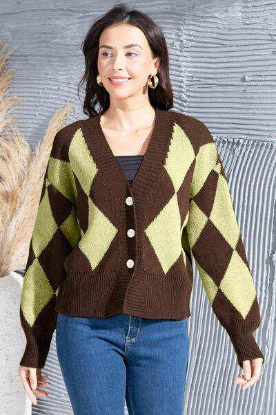 Geometric Button Up Dropped Shoulder Cardigan - Trendsi - Flyclothing LLC