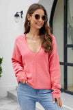 V-Neck Drop Shoulder Long Sleeve Knit Top - Trendsi - Flyclothing LLC