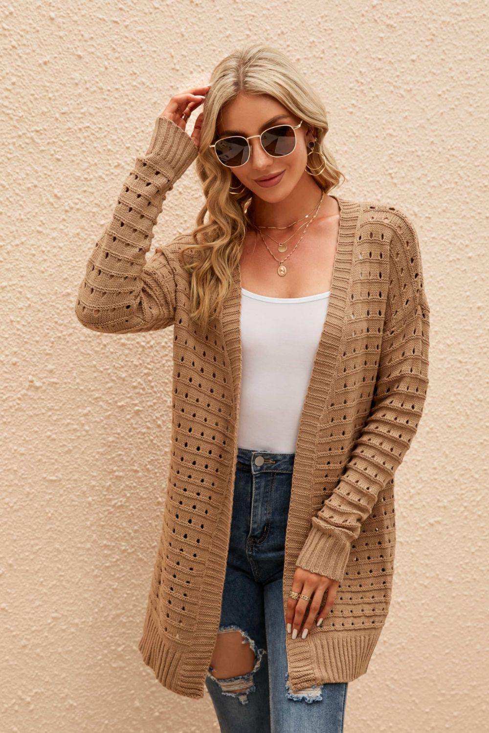 Openwork Horizontal Ribbing Open Front Cardigan - Trendsi - Flyclothing LLC