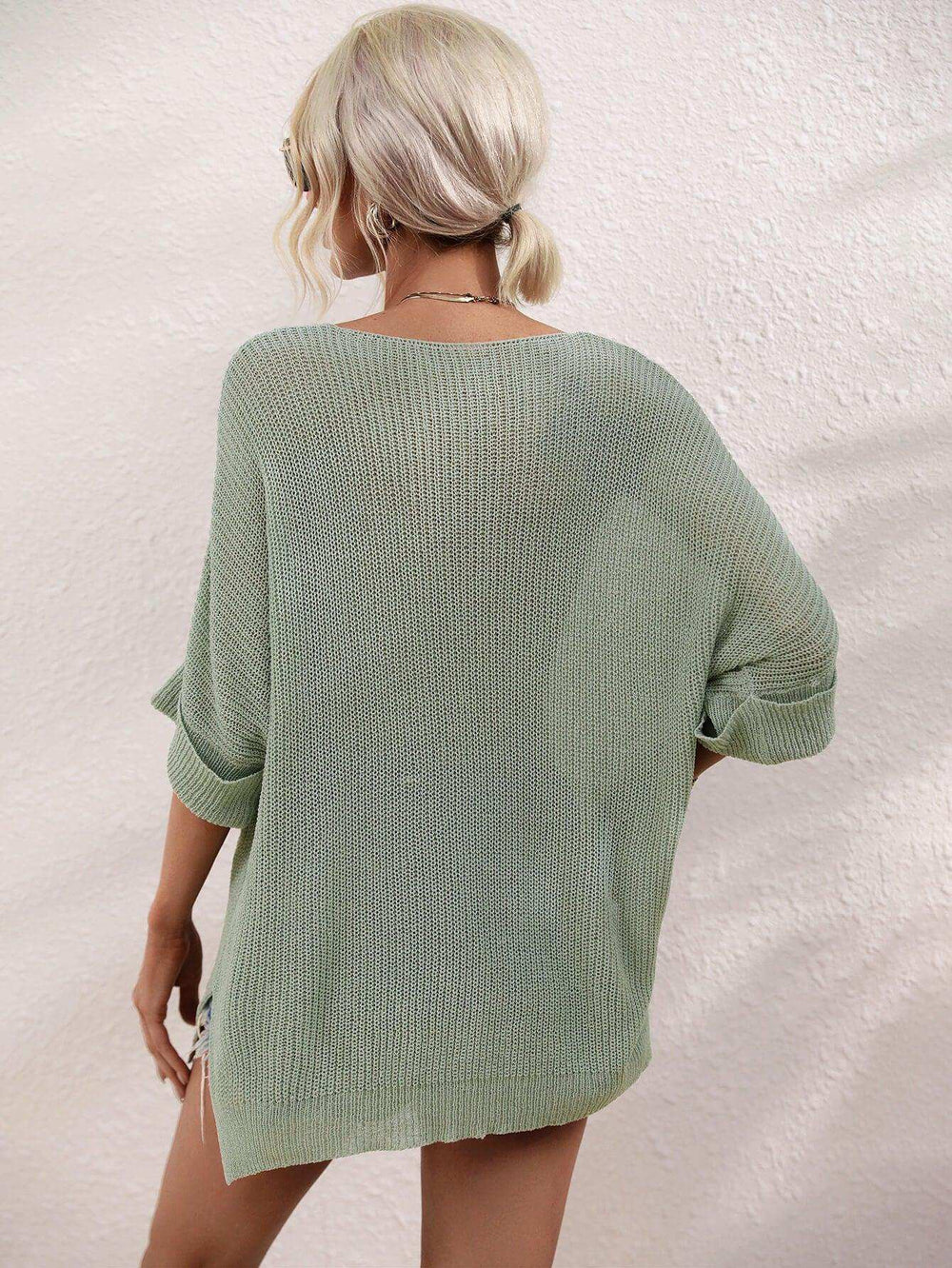Boat Neck Cuffed Sleeve Slit Tunic Knit Top - Trendsi - Flyclothing LLC