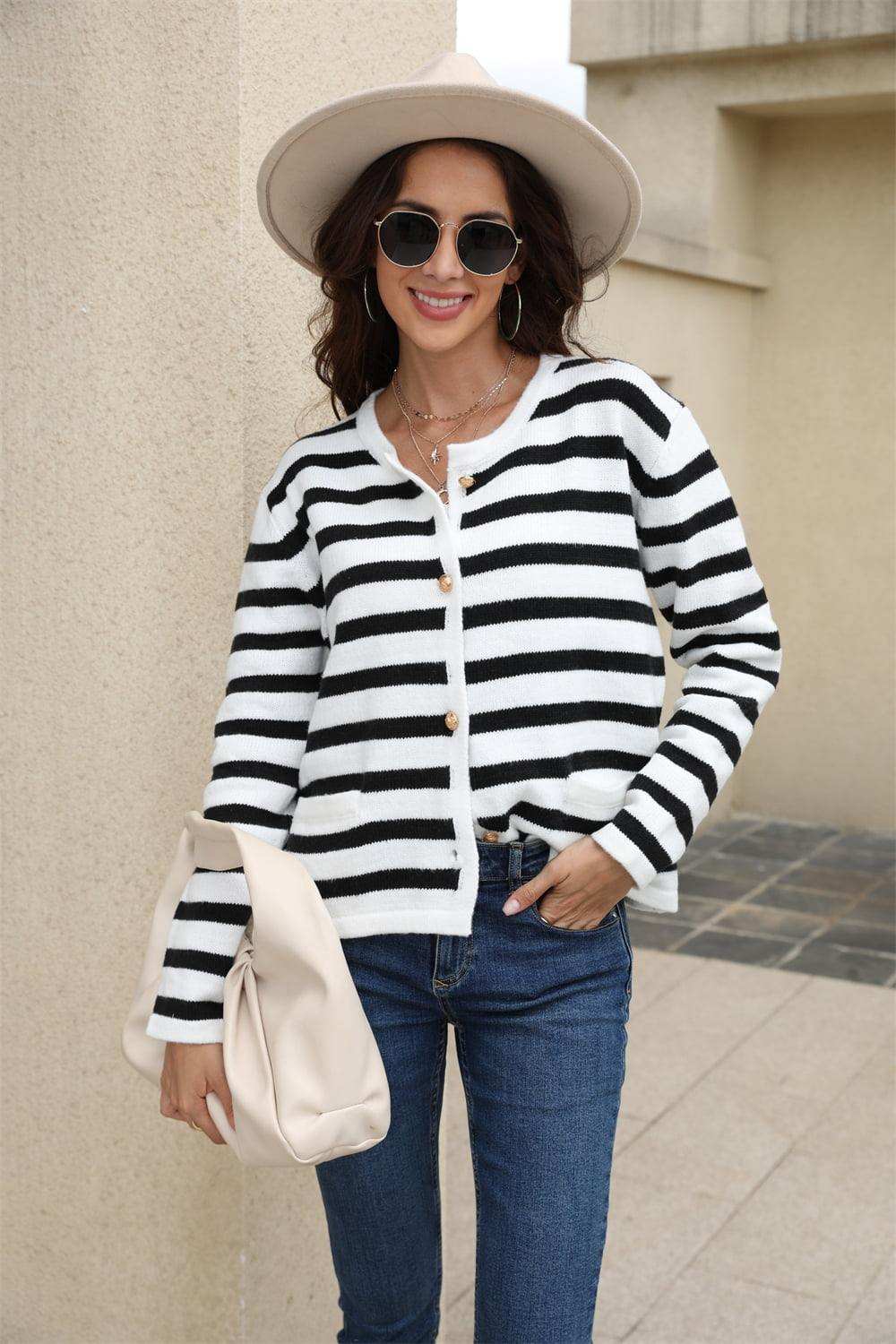 Striped Round Neck Button-Down Dropped Shoulder Cardigan - Trendsi - Flyclothing LLC