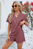 Notched Button Detail Dropped Shoulder Top and Shorts Set - Trendsi - Flyclothing LLC