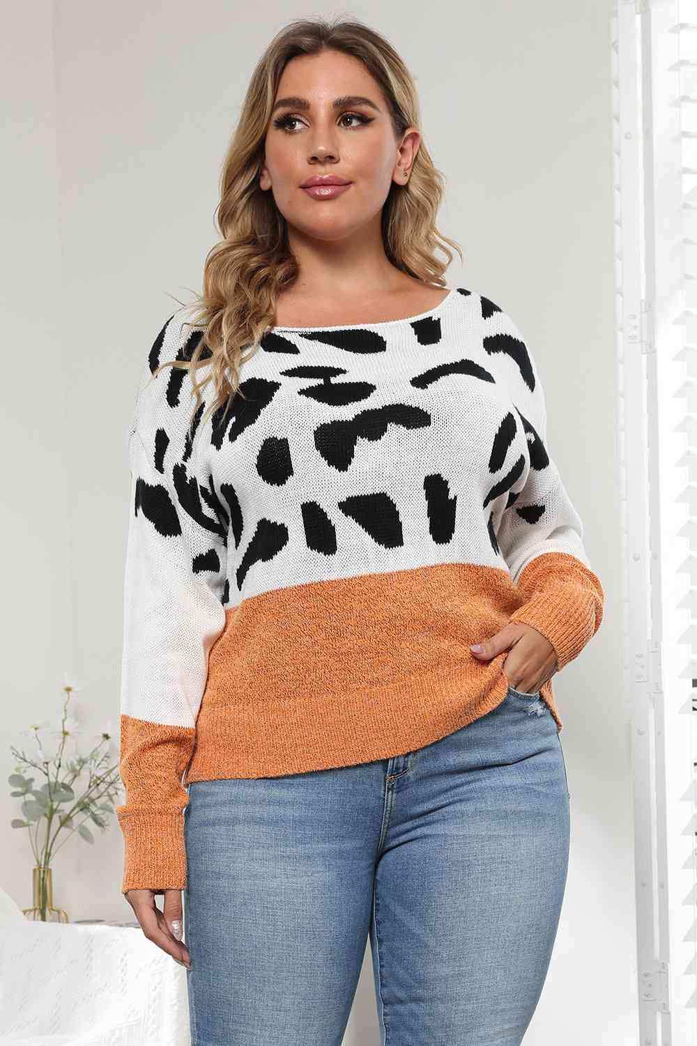 Plus Size Leopard Round Neck Long Sleeve Sweater - Trendsi - Flyclothing LLC