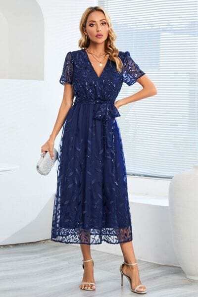 Sequin Leaf Embroidery Tie Front Short Sleeve Dress - Trendsi - Flyclothing LLC