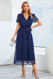 Sequin Leaf Embroidery Tie Front Short Sleeve Dress - Trendsi - Flyclothing LLC