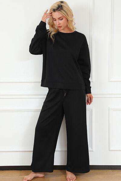 Double Take Full Size Textured Long Sleeve Top and Drawstring Pants Set - Trendsi - Flyclothing LLC