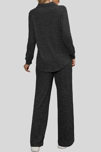 Ribbed Long Sleeve Top and Pocketed Pants Set - Trendsi - Flyclothing LLC