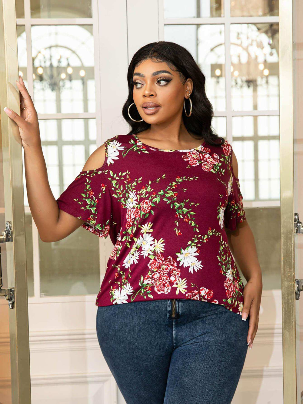 Plus Size Cold-Shoulder Round Neck Curved Hem Tee - Trendsi - Flyclothing LLC