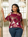 Plus Size Cold-Shoulder Round Neck Curved Hem Tee - Trendsi - Flyclothing LLC