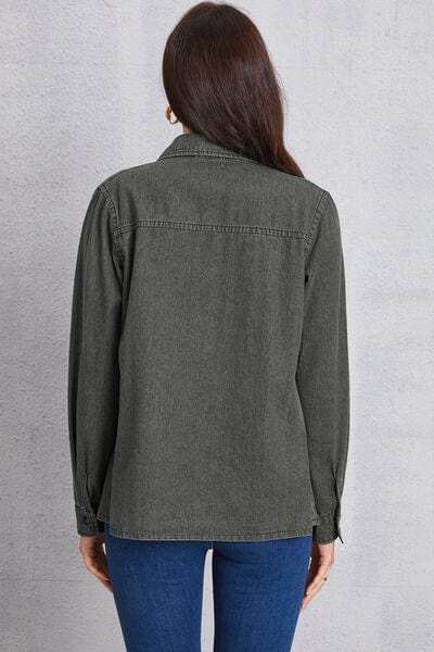 Collared Neck Button Up Denim Top - Trendsi - Flyclothing LLC