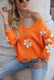 Flower Distressed Long Sleeve Sweater - Trendsi - Flyclothing LLC