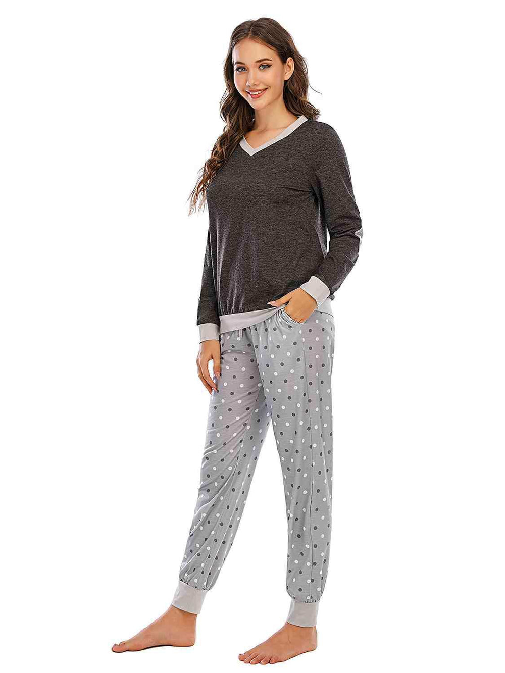 Long Sleeve Top and Polka Dot Pants Set - Trendsi - Flyclothing LLC