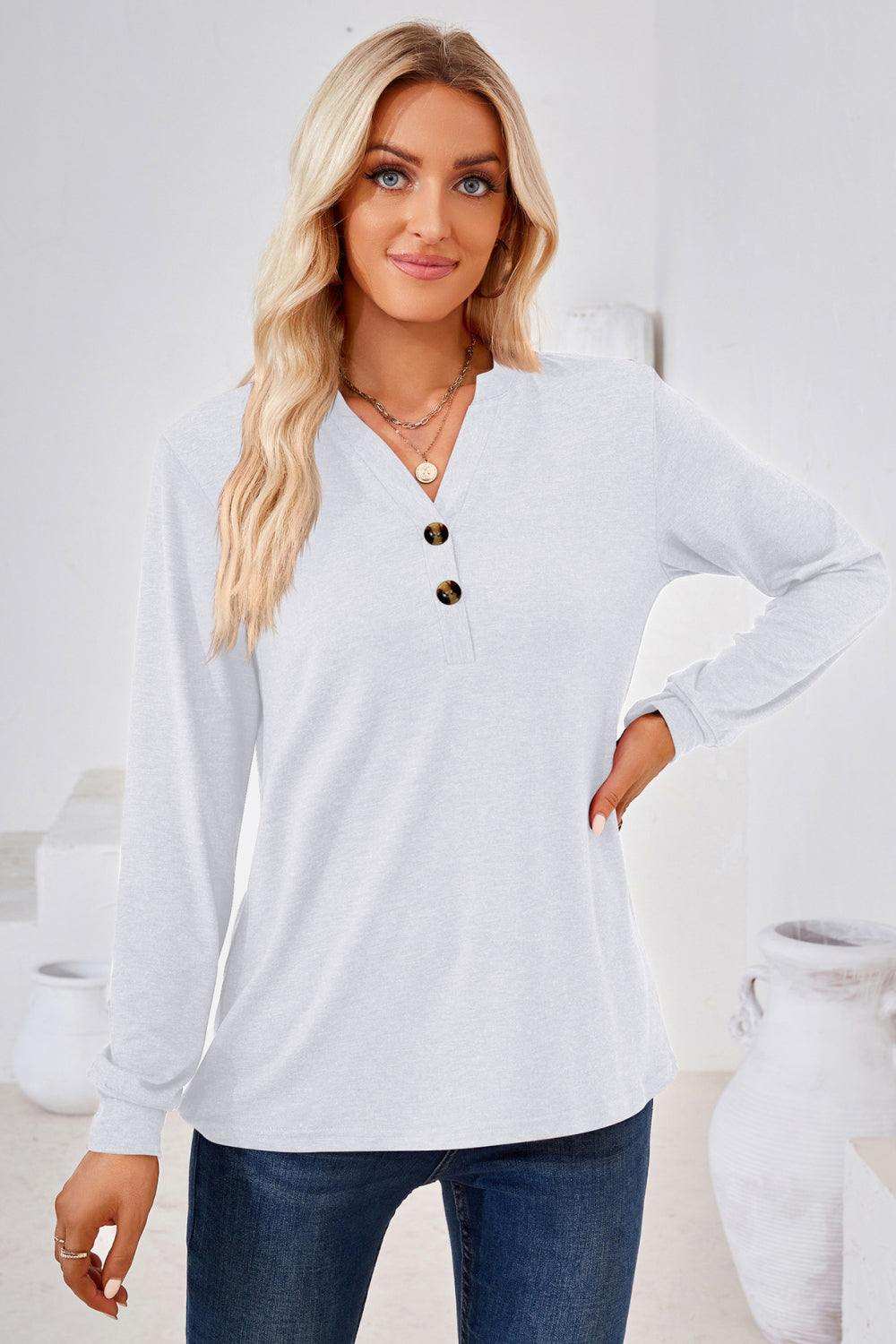 V-Neck Buttoned Long Sleeve Blouse - Trendsi - Flyclothing LLC