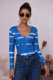 Tie-Dye Plunge Long Sleeve Top - Trendsi - Flyclothing LLC