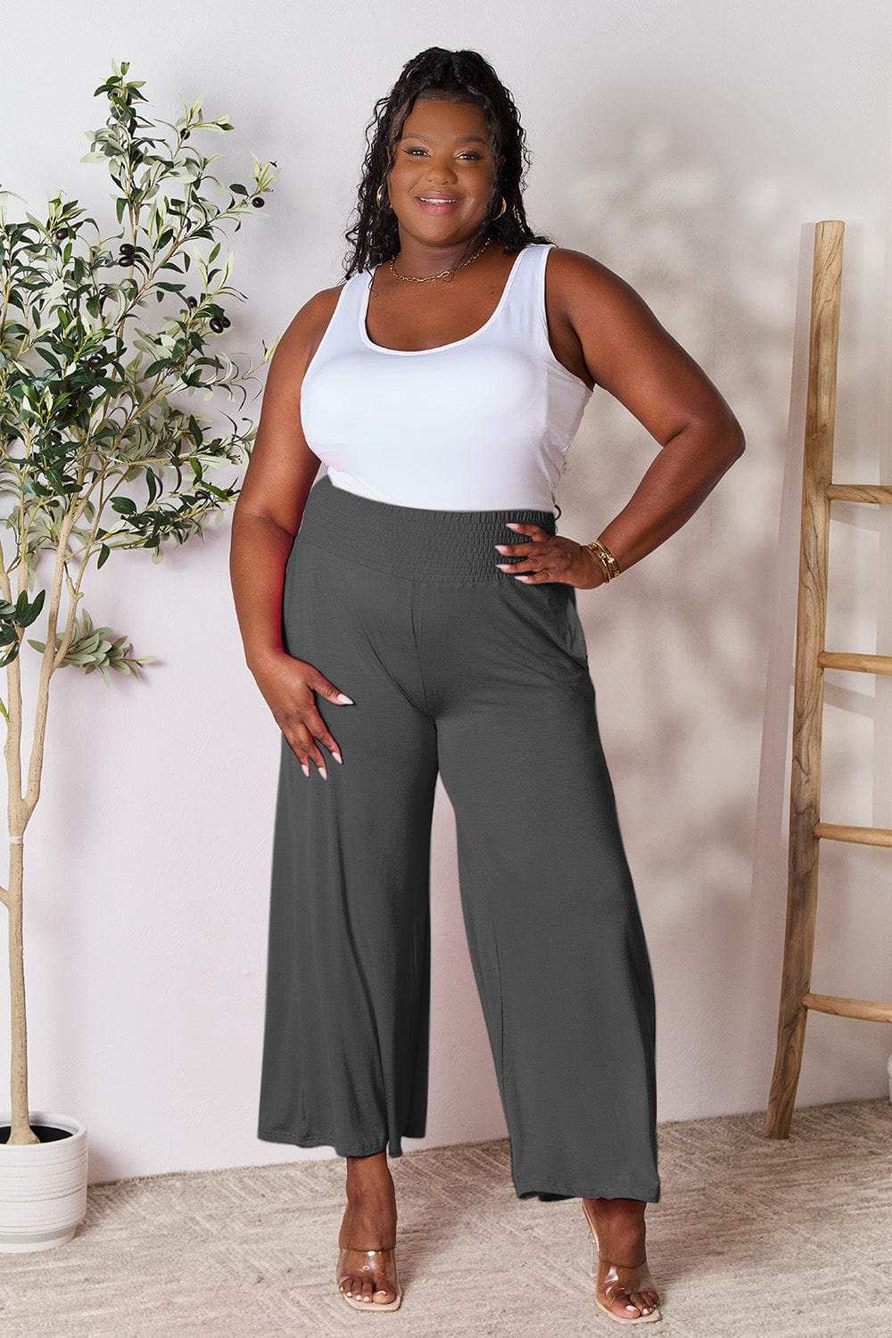 Double Take Full Size Smocked Wide Waistband Wide Leg Pants - Trendsi - Flyclothing LLC