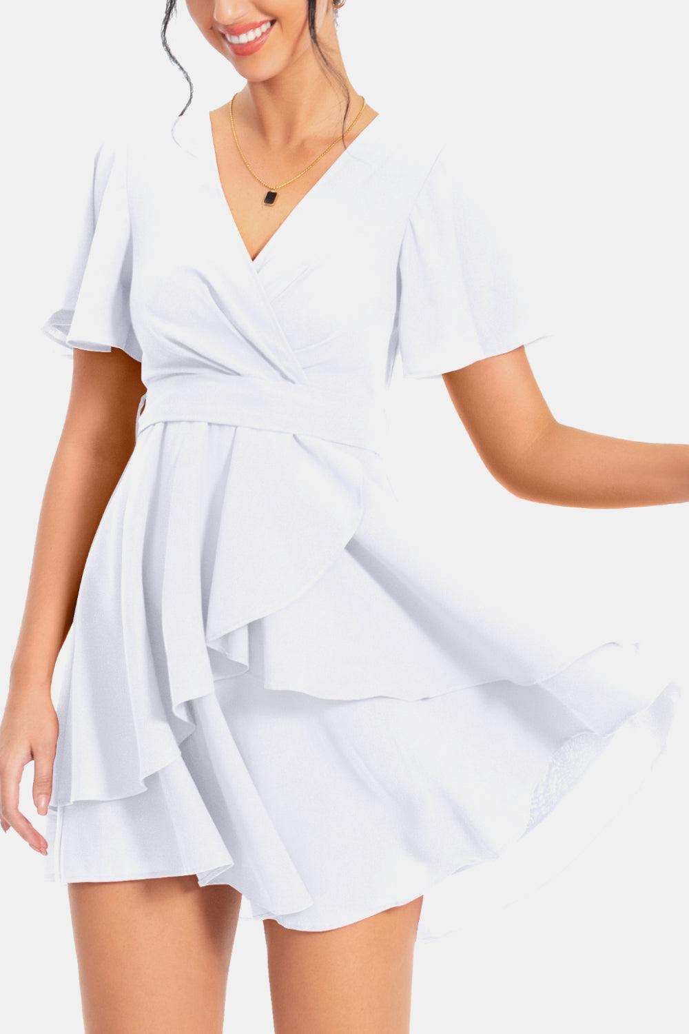 Surplice Neck Flutter Sleeve Dress - Trendsi - Flyclothing LLC