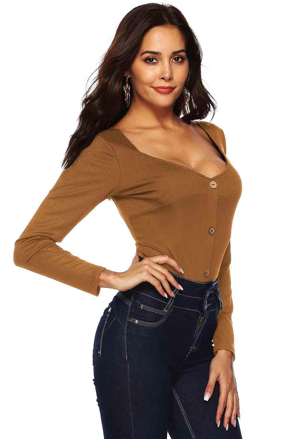 Button Detail Bodysuit - Trendsi - Flyclothing LLC