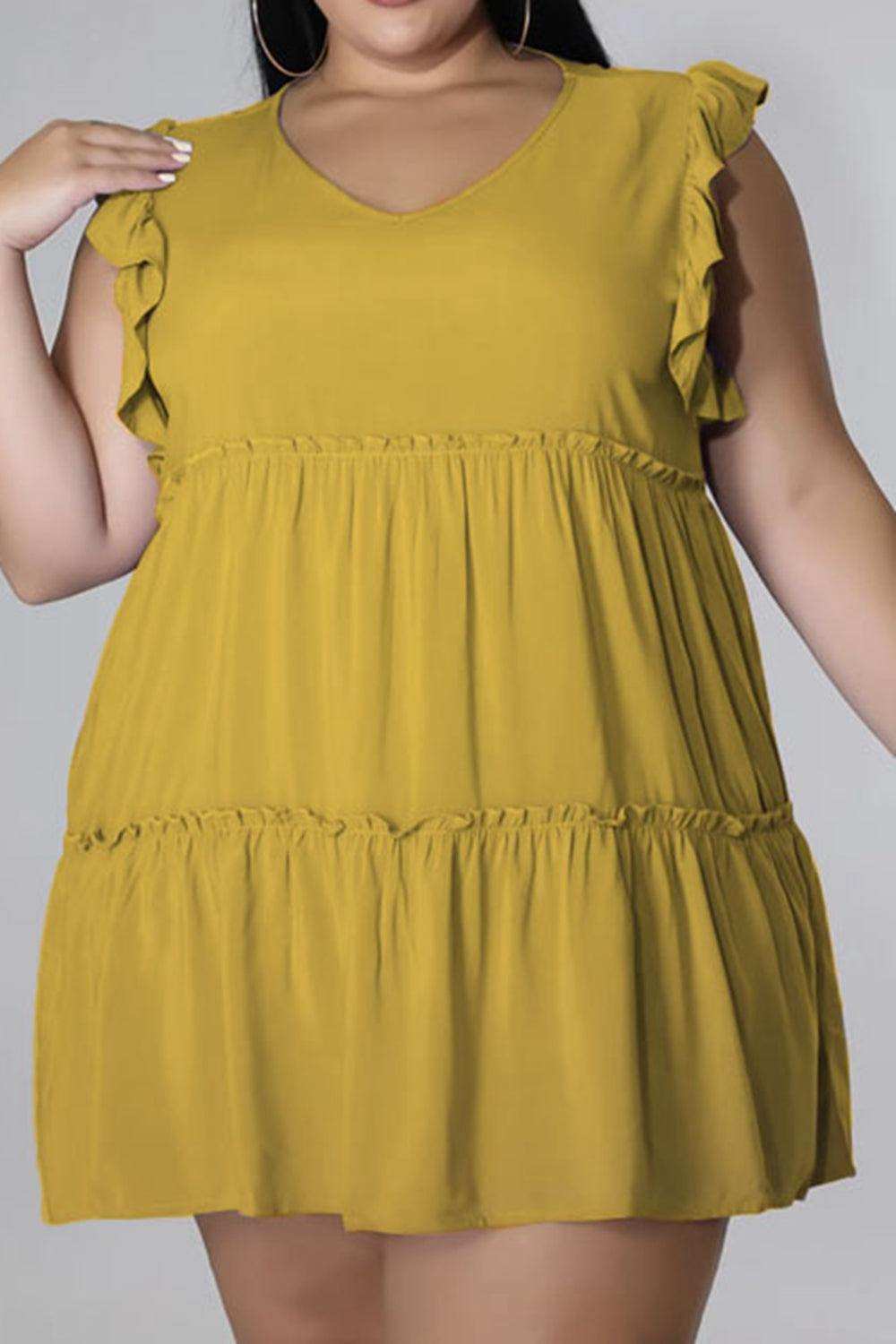 Plus Size V-Neck Frill Trim Mini Dress - Trendsi - Flyclothing LLC