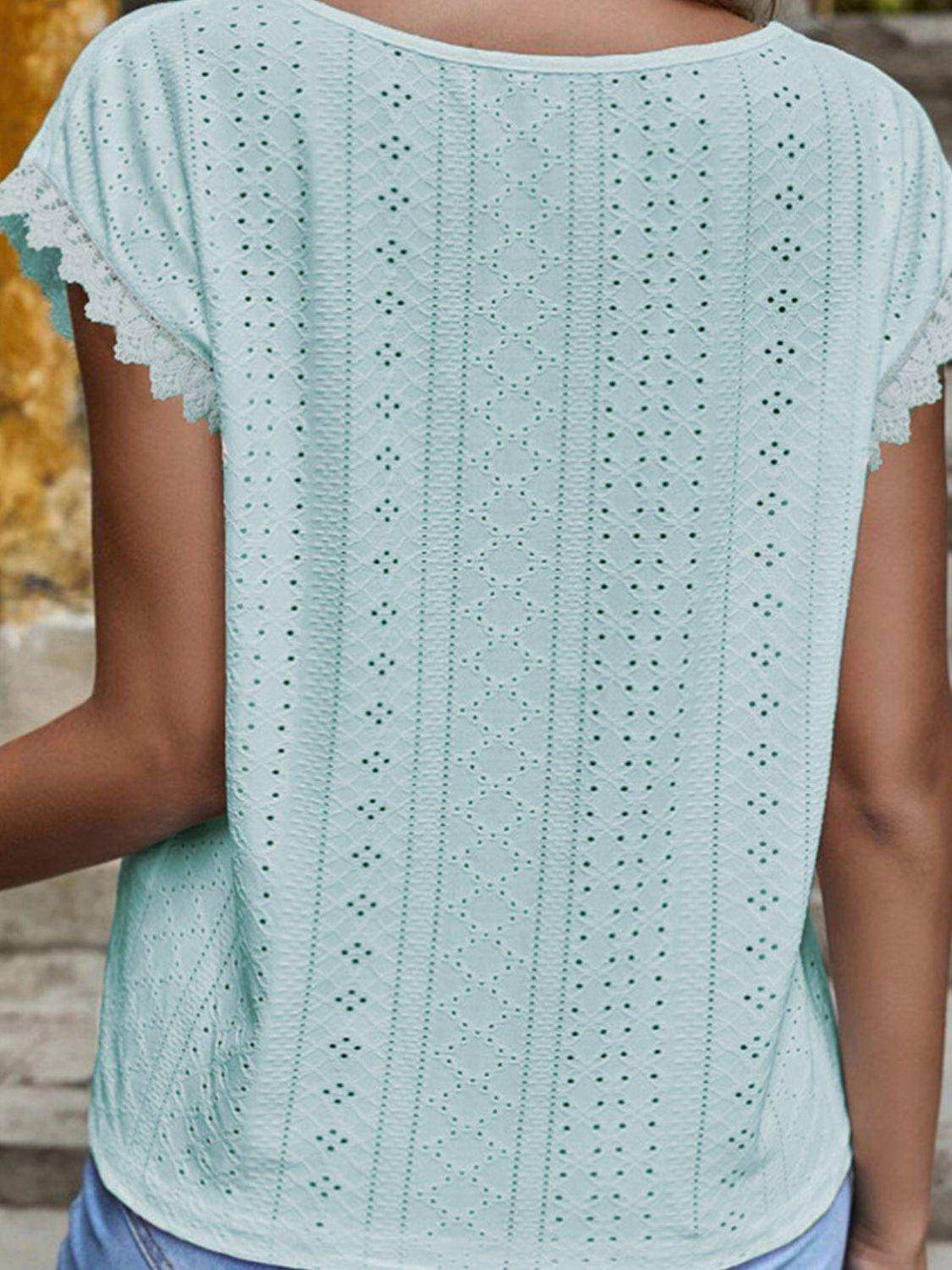 V-Neck Eyelet Short Sleeve Top - Trendsi - Flyclothing LLC