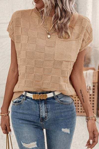 Pocketed Checkered Round Neck Knit Top - Trendsi - Flyclothing LLC