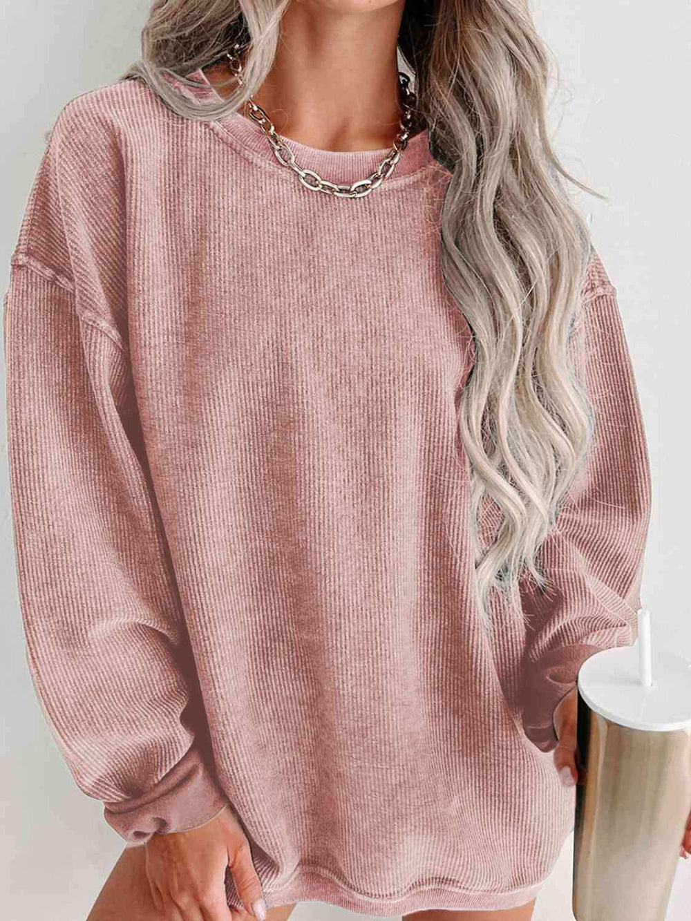Round Neck Dropped Shoulder Sweatshirt - Trendsi - Flyclothing LLC