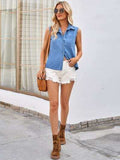 Pocketed Button Up Sleeveless Denim Top - Trendsi - Flyclothing LLC