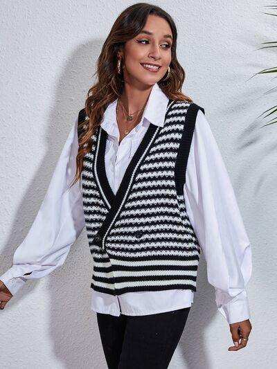 Striped Button Up V-Neck Sweater Vest - Trendsi - Flyclothing LLC