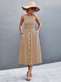 Buttoned Halter Neck Frill Trim Midi Dress - Trendsi - Flyclothing LLC