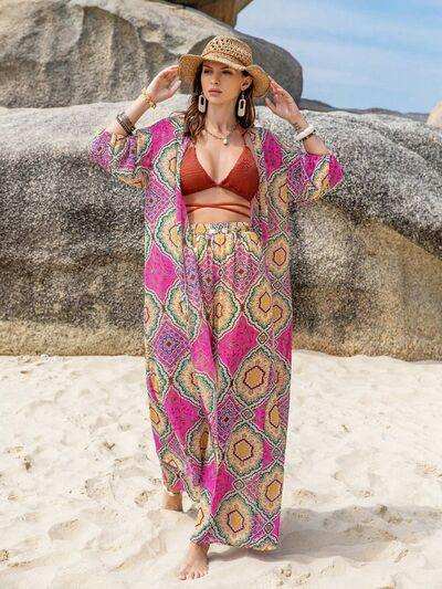 Printed Open Front Cardigan and Pants Set - Trendsi - Flyclothing LLC