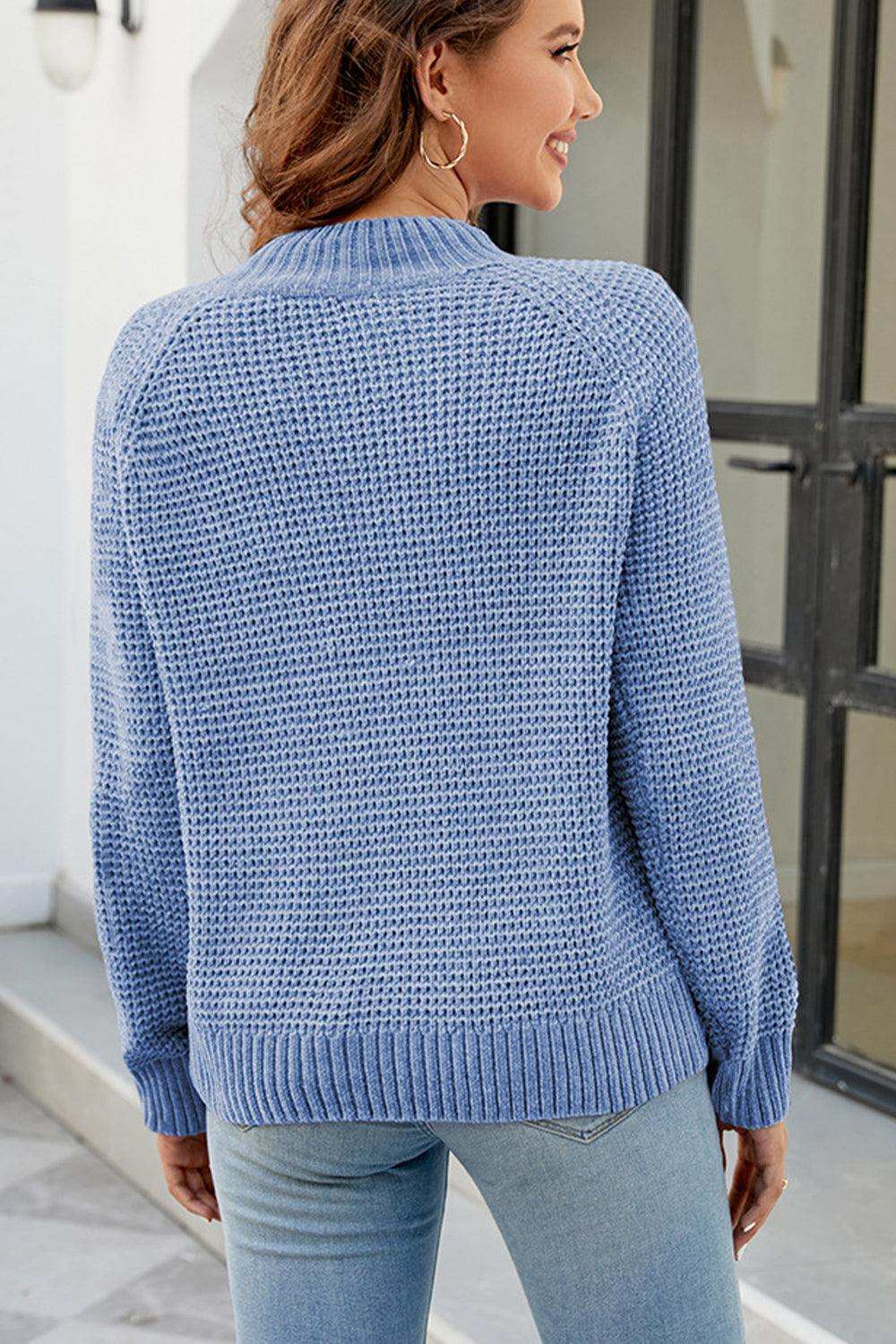 Waffle-Knit Round Neck Reglan Sleeve Sweater - Trendsi - Flyclothing LLC