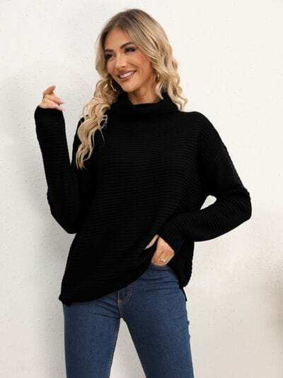 Slit Turtleneck Dropped Shoulder Sweater - Trendsi - Flyclothing LLC