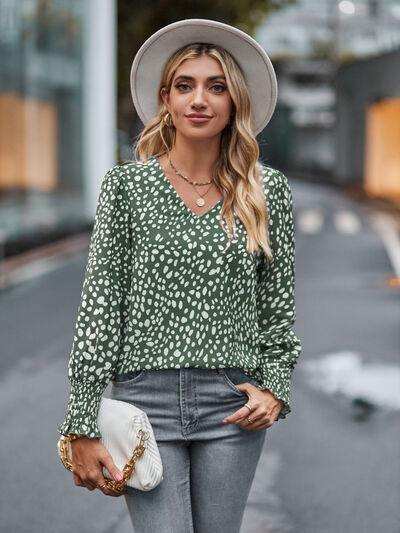 Printed V-Neck Lantern Sleeve Blouse - Trendsi - Flyclothing LLC