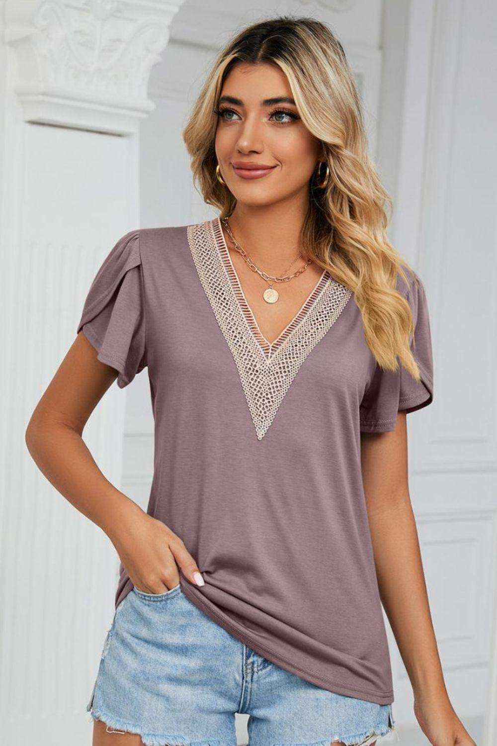 Contrast Trim Petal Sleeve V-Neck Top - Trendsi - Flyclothing LLC