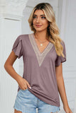Contrast Trim Petal Sleeve V-Neck Top - Trendsi - Flyclothing LLC