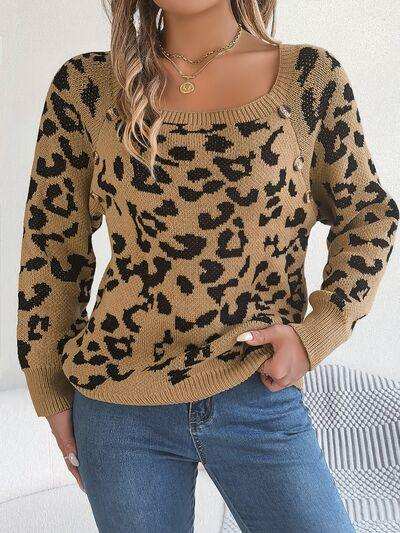 Leopard Buttoned Square Neck Sweater - Trendsi - Flyclothing LLC