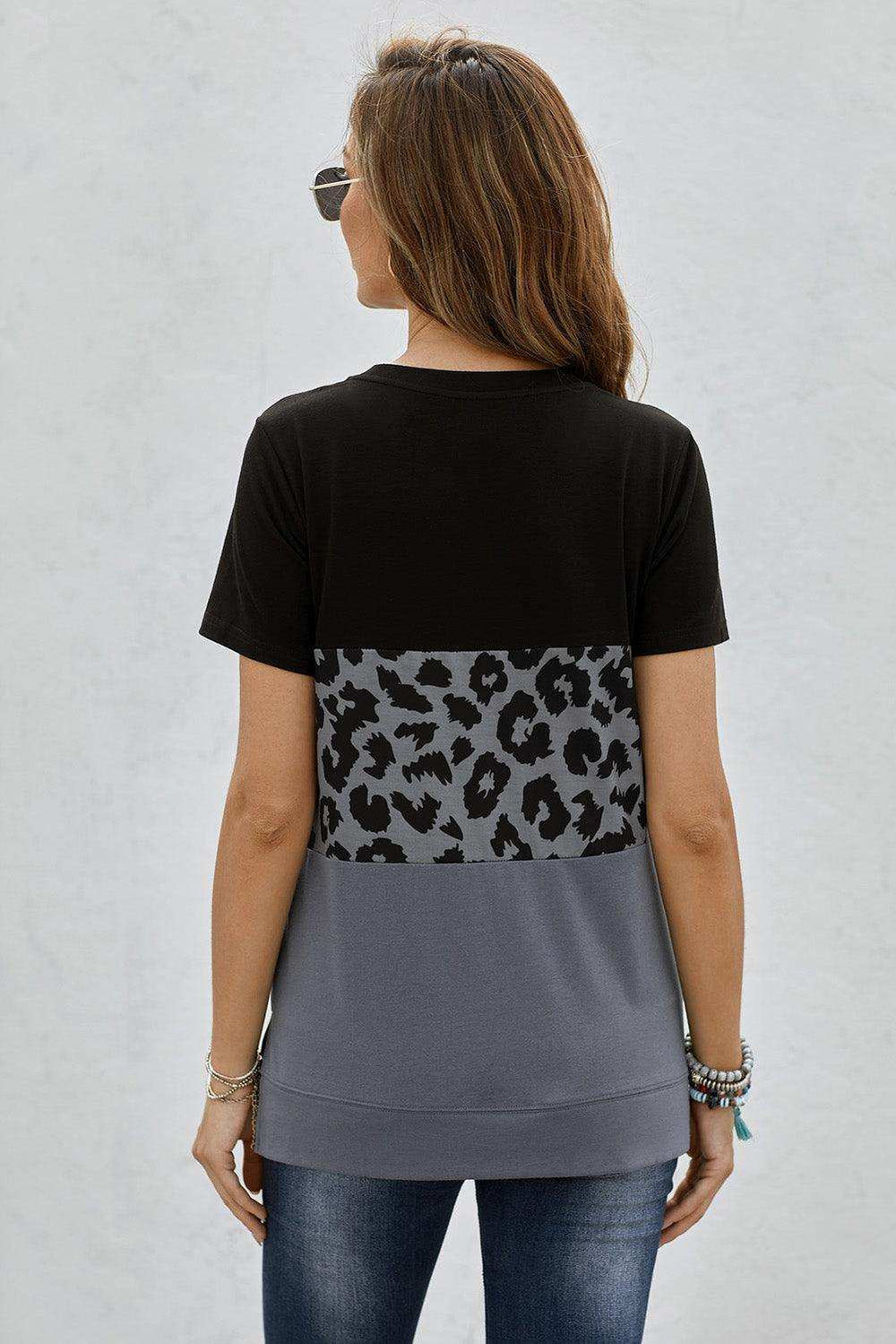 Leopard Print Color Block Short Sleeve T-Shirt - Trendsi - Flyclothing LLC