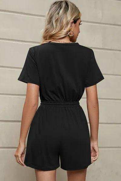 Drawstring Half Button Short Sleeve Romper - Trendsi - Flyclothing LLC