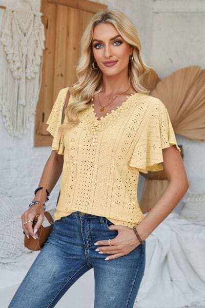 Eyelet Applique V-Neck Cap Sleeve T-Shirt - Trendsi - Flyclothing LLC