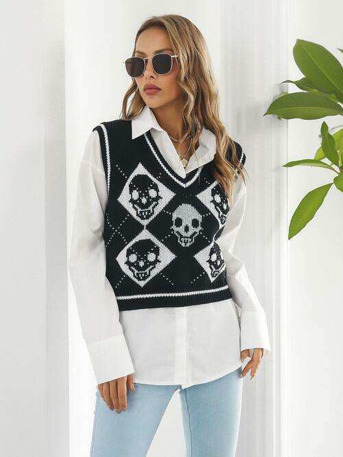 Skull Contrast V-Neck Sweater Vest - Trendsi - Flyclothing LLC