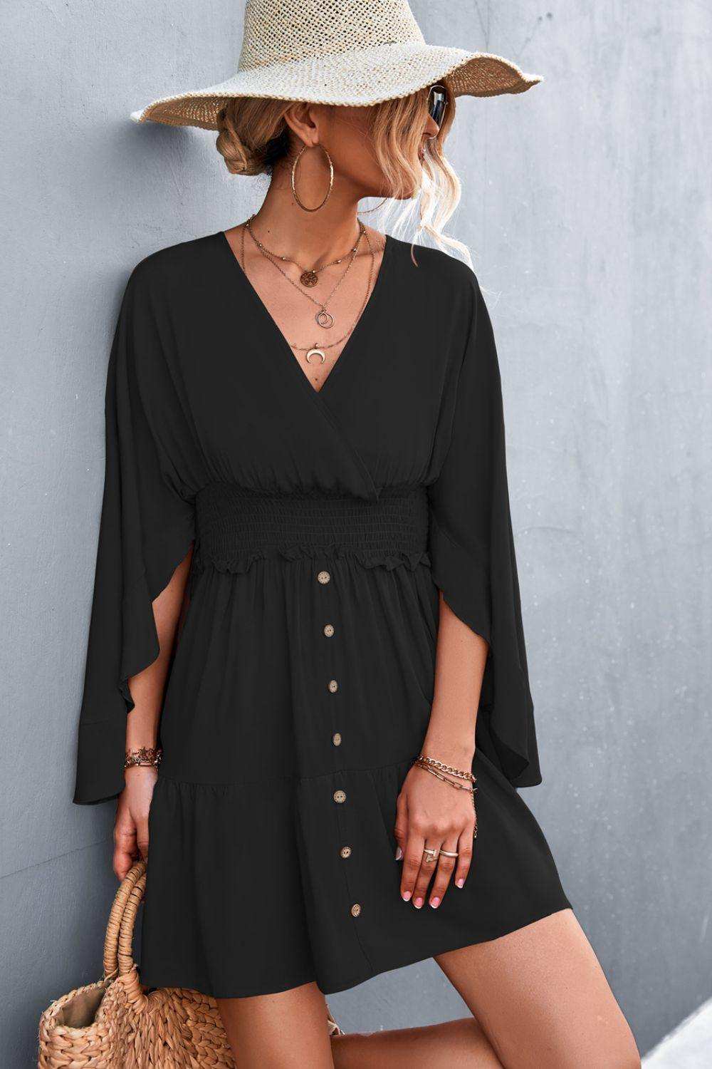 Decorative Button Smocked Waist Surplice Dress - Trendsi - Flyclothing LLC