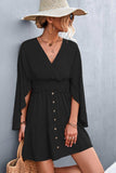 Decorative Button Smocked Waist Surplice Dress - Trendsi - Flyclothing LLC