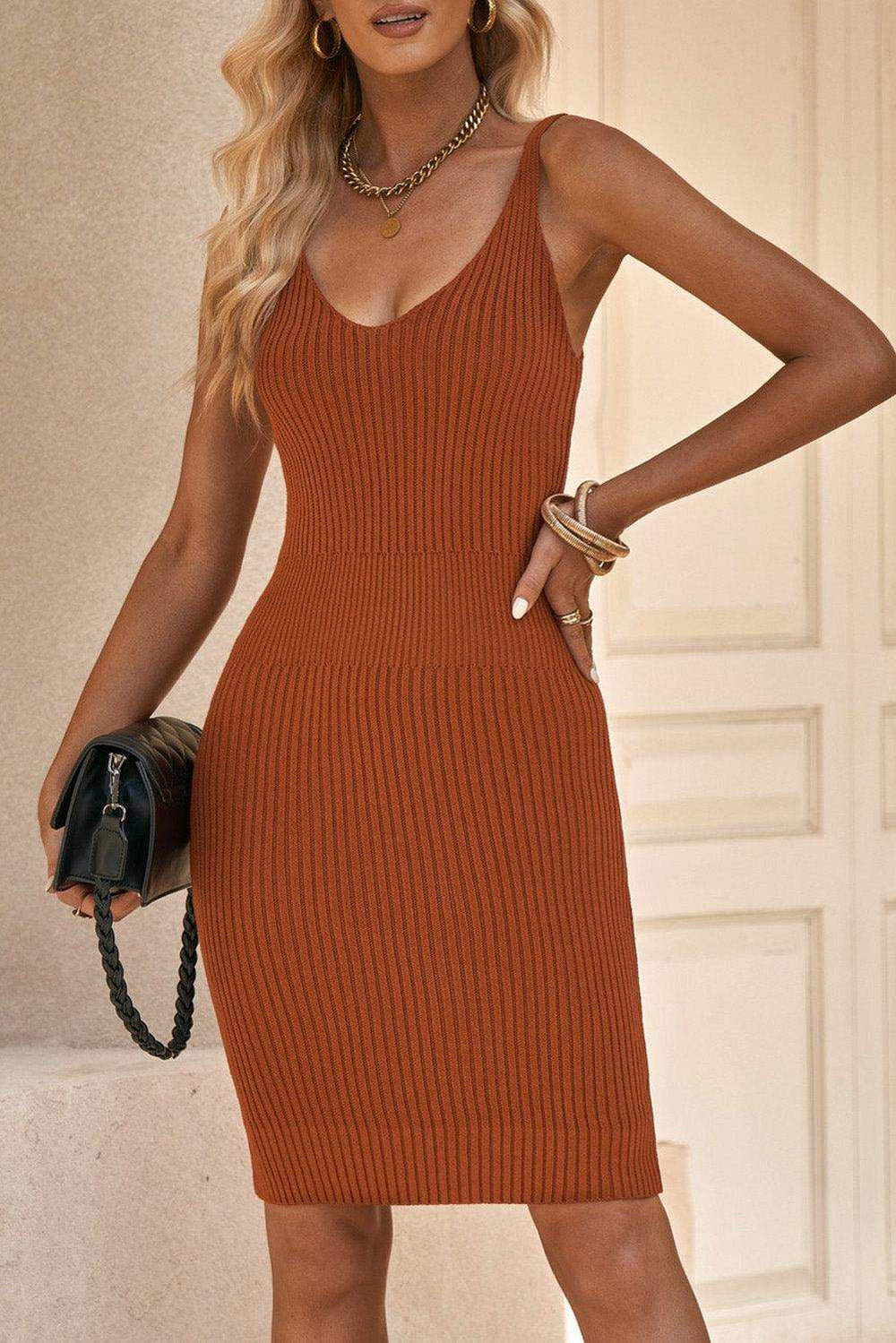 Ribbed Sleeveless V-Neck Dress - Trendsi - Flyclothing LLC